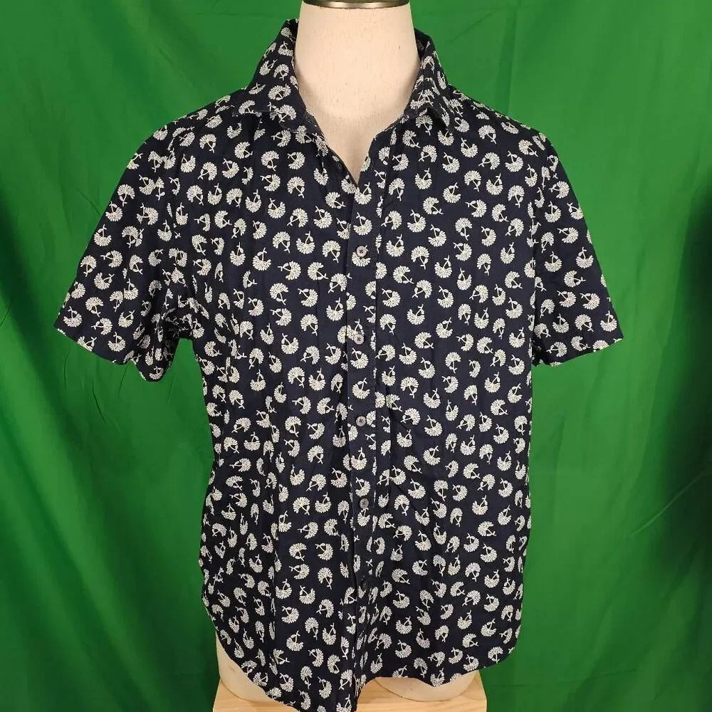 UnTuckit Mens Navy Blue Fan Flower Short Sleeve Pinon Button‎ Down Shirt XXL